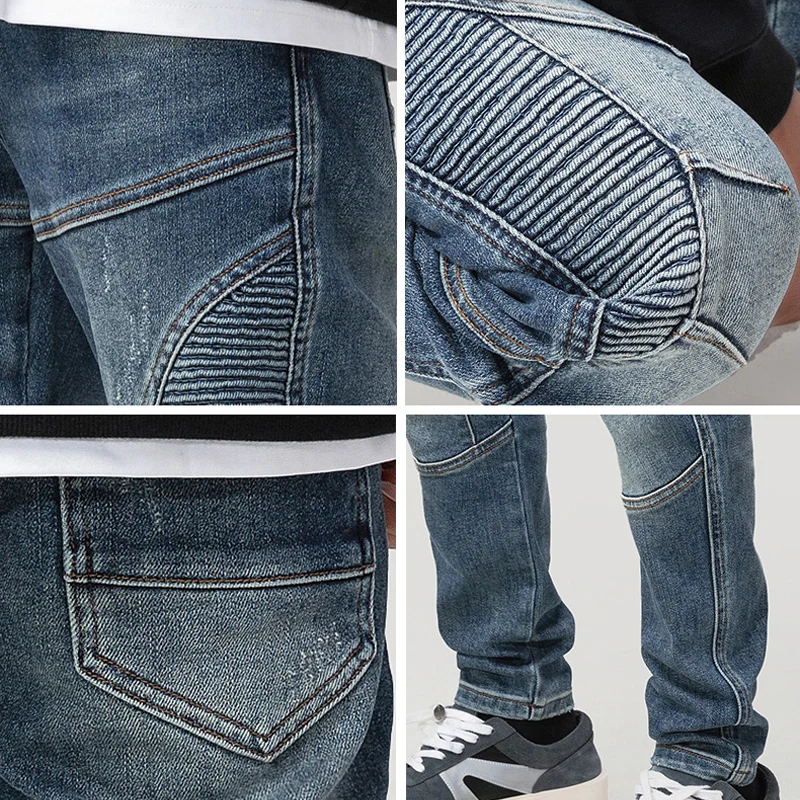 Street Style Fashion Men Jeans Retro Blue Elastic Slim Fit Ripped Jeans Men Spliced Designer Hip Hop Denim Biker Pants Hombre