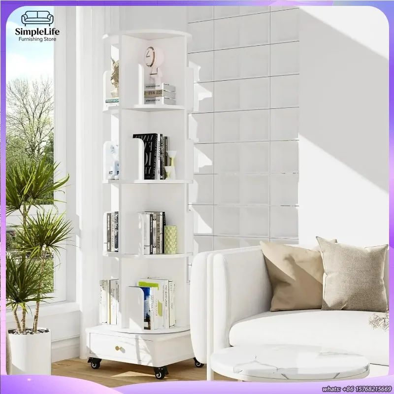 

Corner Bookcase Rotating Movable Wooden Bookshelf with Drawers and Casters Modern Vertical Narrow Storage Shelf for Study