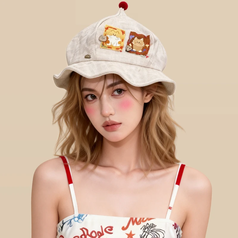 Koreanische niedliche Cartoon-Katzen-Leinen-Baumwoll-Patch-Kürbis-Bucket-Hüte für Damen – achteckige Hexen-Hüte für Frühling, Sommer und Reisen mit Sonnenschutz – Detail 3