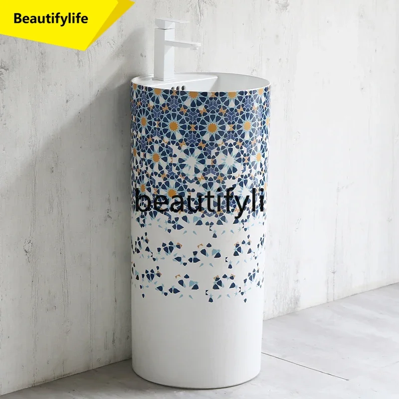 

cn0420 Creative art ceramic integrated column basin floor-to-ceiling round wash basin bathroom balcony vertical washbasin square