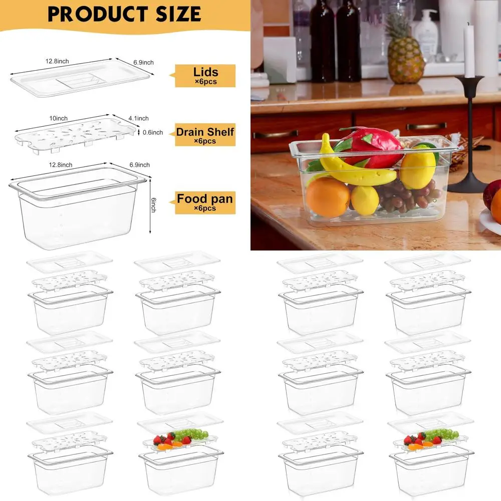 

Прозрачные поликарбонатные пищевые контейнеры размером 1/3 из 6 предметов с крышками и сливом для использования на кухне и ресторане