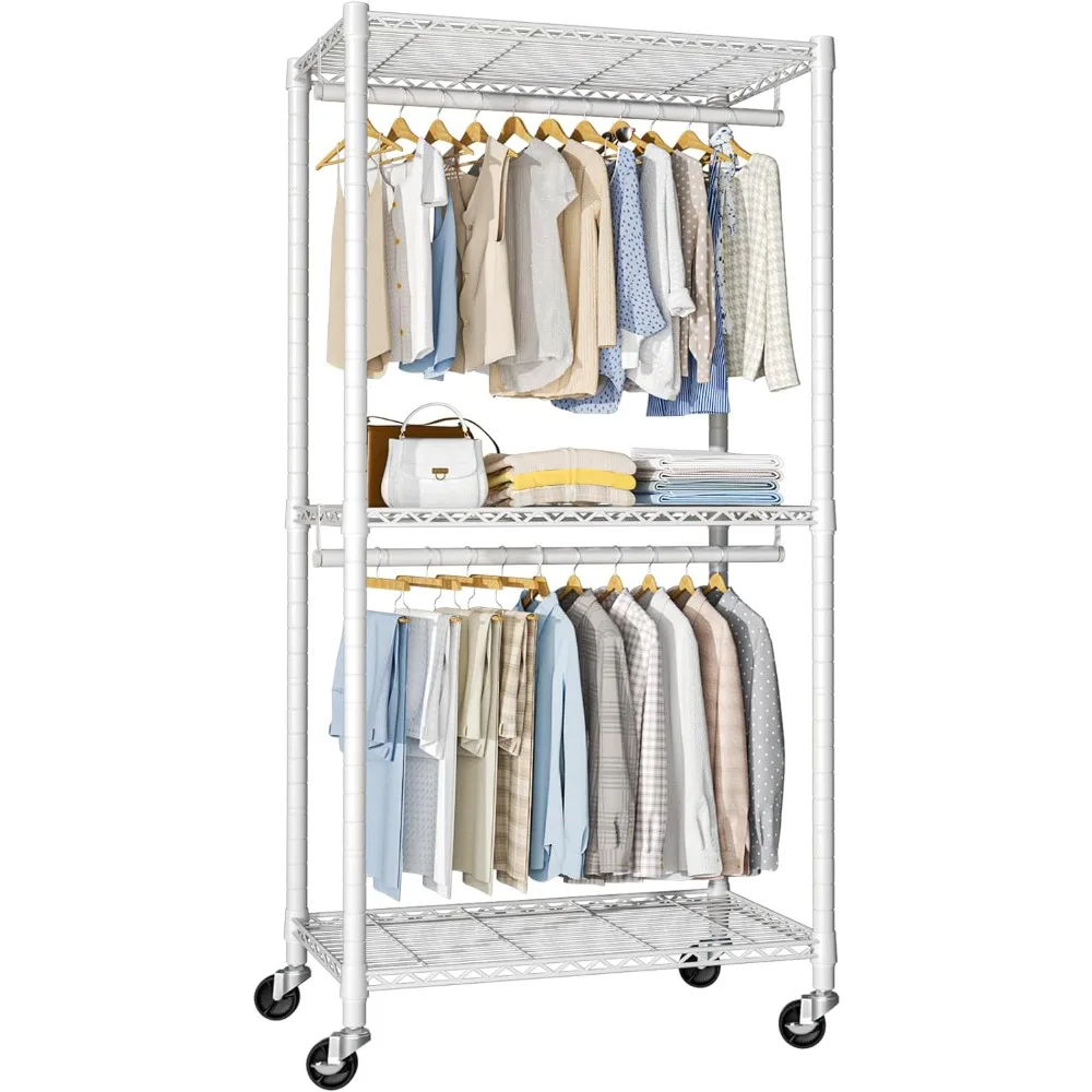 

P2 Portable Closets, Rolling Heavy-Duty Garment Rack, 3 Tiers Metal Closet Wardrobe System, Clothes Organizers and Storage with