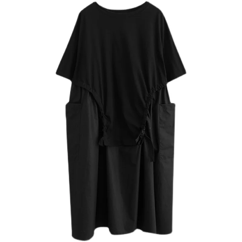 Été ample rond Ne T-shirt Patchwork Dstring grand ket Midi Dr grande taille à la mode femmes vêtements a-ligne jupe