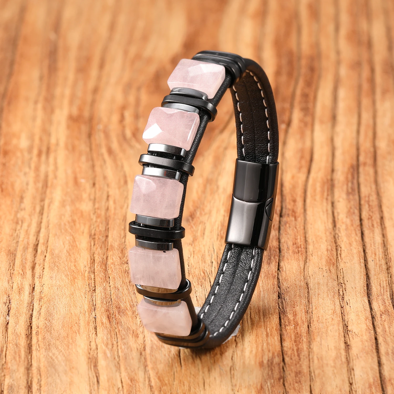 Naturfarbener Stein, Lederband-Armband, Edelstahlverschluss, Boho-Chic-Heilkristallschmuck, Geschenk für Frauen und Männer – Detail 7