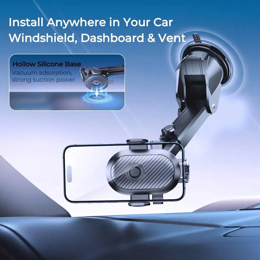 

Suction Cup Car Phone Holder With Hollow Silicone Base, 360° Rotation, Dashboard Windshield Vent Mount, Fits 4-7 Inch Phones