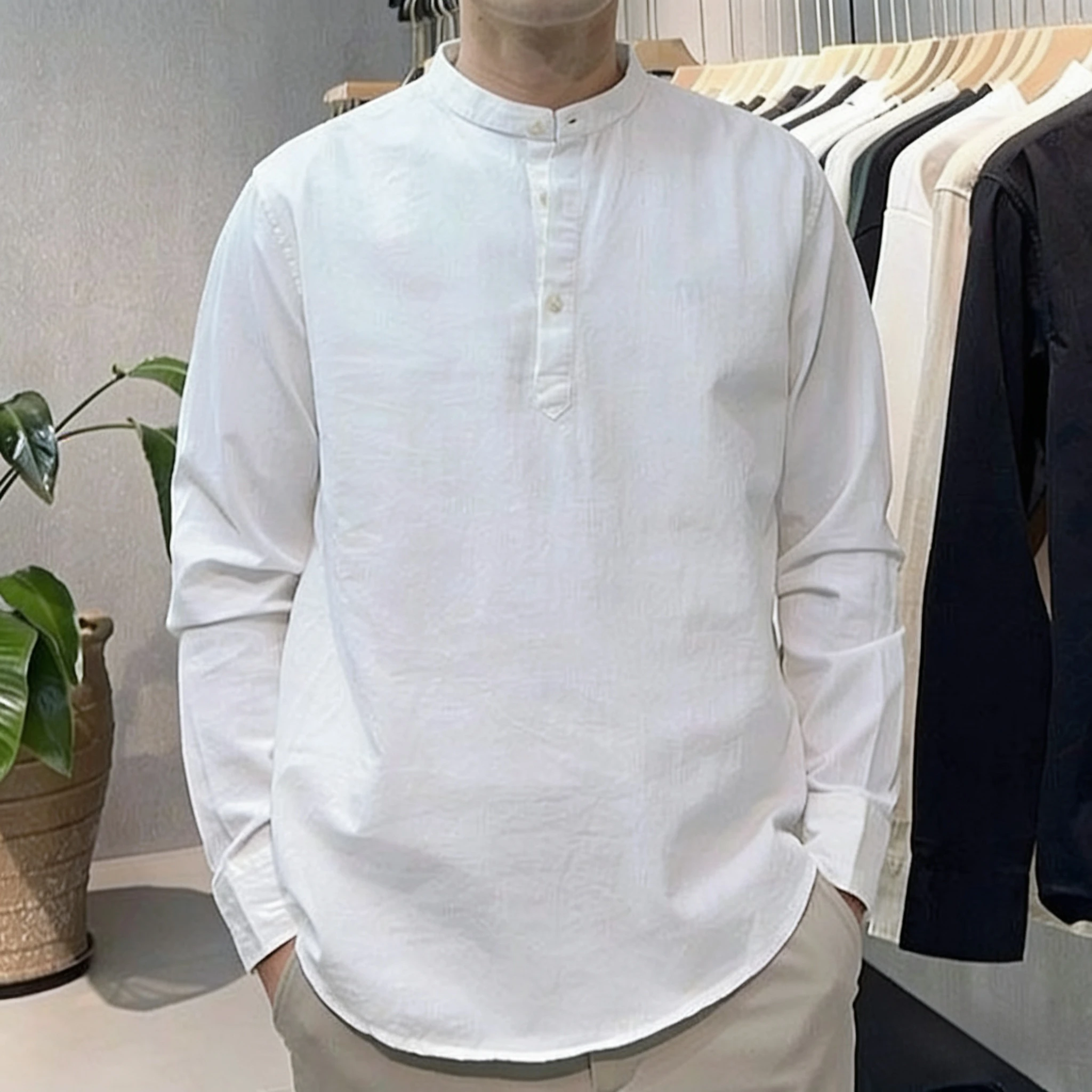 

High-End Minimalist Men's Henry Collar Shirt Loose Long Sleeve Breathable Fashionable Spring Autumn Versatile Comfortable Cot...