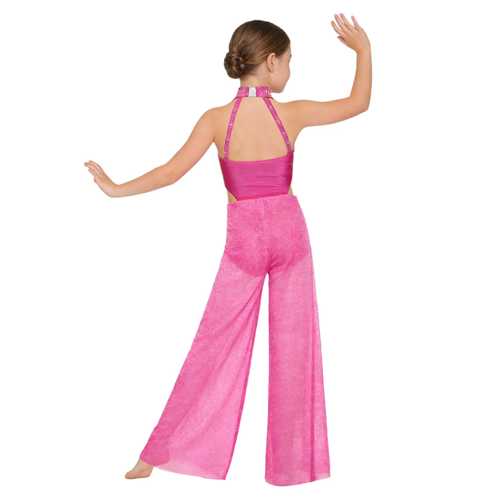 Little Girls Rhinestone Decor Cutout Sleeveless Bodysuit Lyrical Ballet Jumpsuit Dance Outfit Stage Show Competition Performance