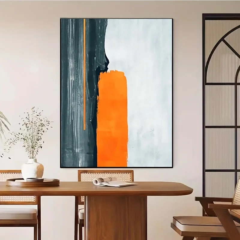 (No frame)Dark Green Orange Minimalist Modern Hand Drawn Oil Painting Wall Art Decorative Hanging Painting Abstract Original