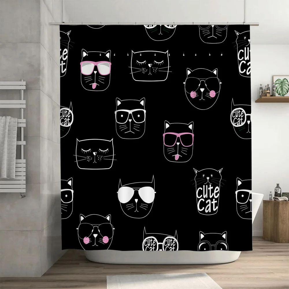 الحديثة القط الأسود طباعة دش الستار ديكور المنزل حمام نسيج مقاوم للماء 72x84 بوصة القطط السوداء النظارات الشمسية نص أبيض لطيف Ca #3
