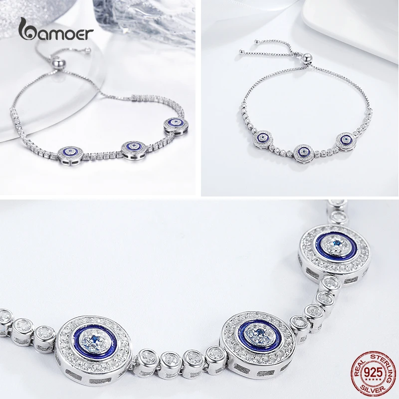 Bamoer Genuine 925 Sterling Silver Evil Eye Bracelet Turkish Blue Tennis Chain Guardian Original for Women Pure Fine Jewelry