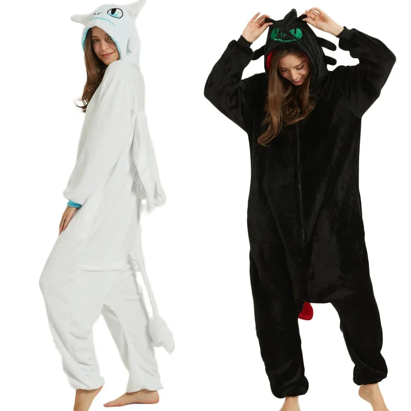 Dragon White Black Onesie Adult Unisex Flannel Pajama Anime Cosplay Costume Train Your Night Fury Sleepwear E46762AC