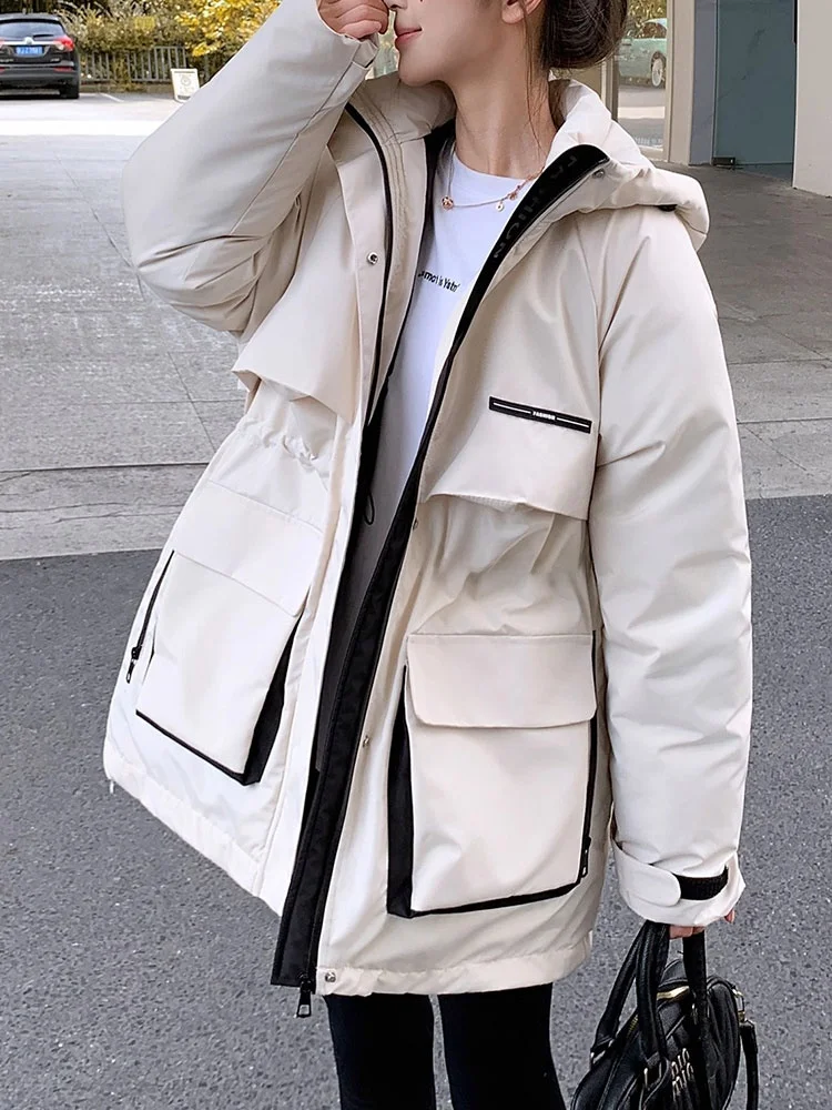 

Женская куртка с капюшоном, осенне-зимняя, новая, свободного кроя, повседневная, теплая, больших размеров, для поездок на работу, в корейском стиле, с пэчворком