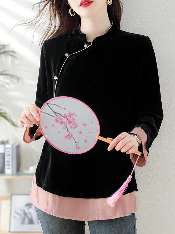 Women's Velvet Base irt Faionable Traditional Chinese Sle Gold Tead Velvet Long Sve Autumn Winter New Arrival