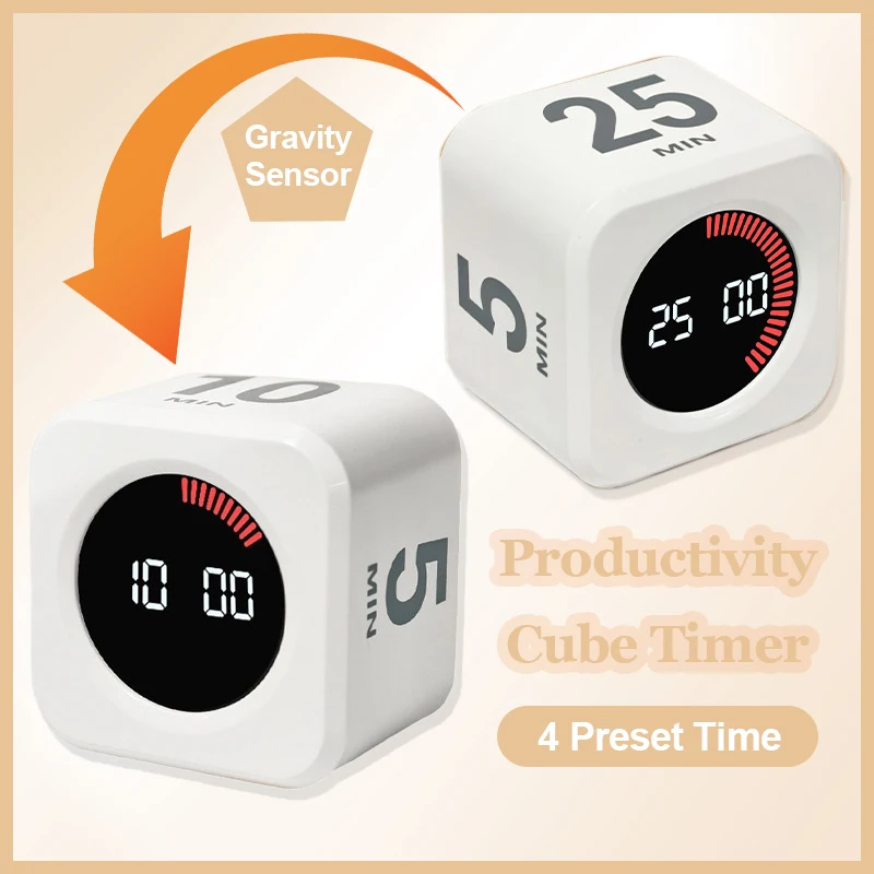 Visual Timer Productivity Cube Timer Gravity Sensor LED Display 4 Preset Time Kids Time Management Kitchen Countdown Timer