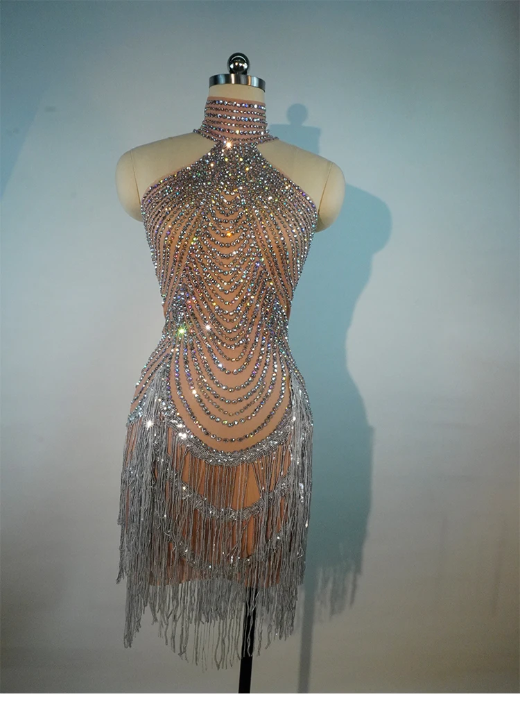 

Ladies Dance Costumes Shiny Water Diamond Tassels Sexy Elastic Mesh Crystal Dresses Stage Costumes For Singer Parties Anddancers