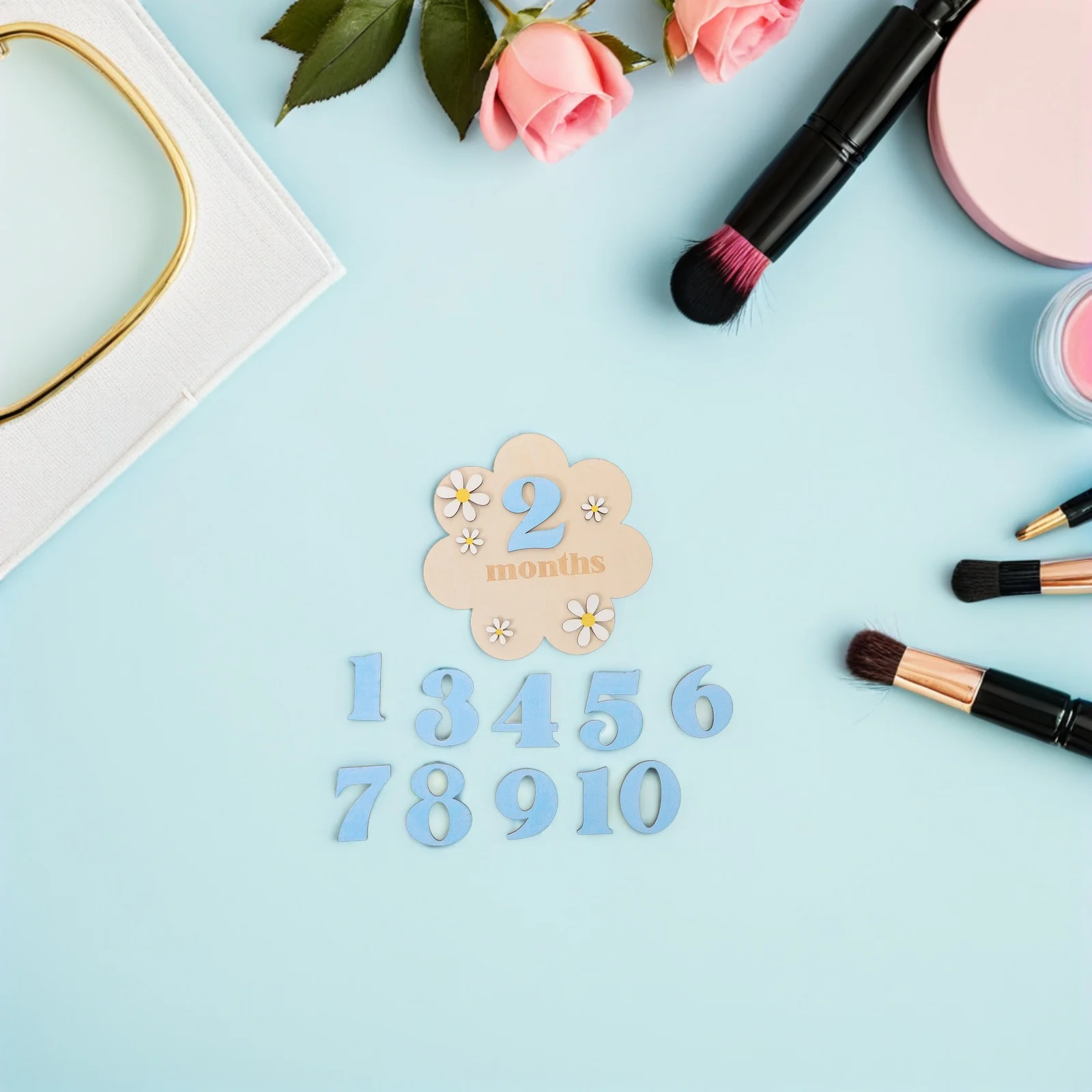 

2 set Monthly Plaques Wood Photo Frame For Month Signs Birth Flower Decorative Wall Flowers Round Teal