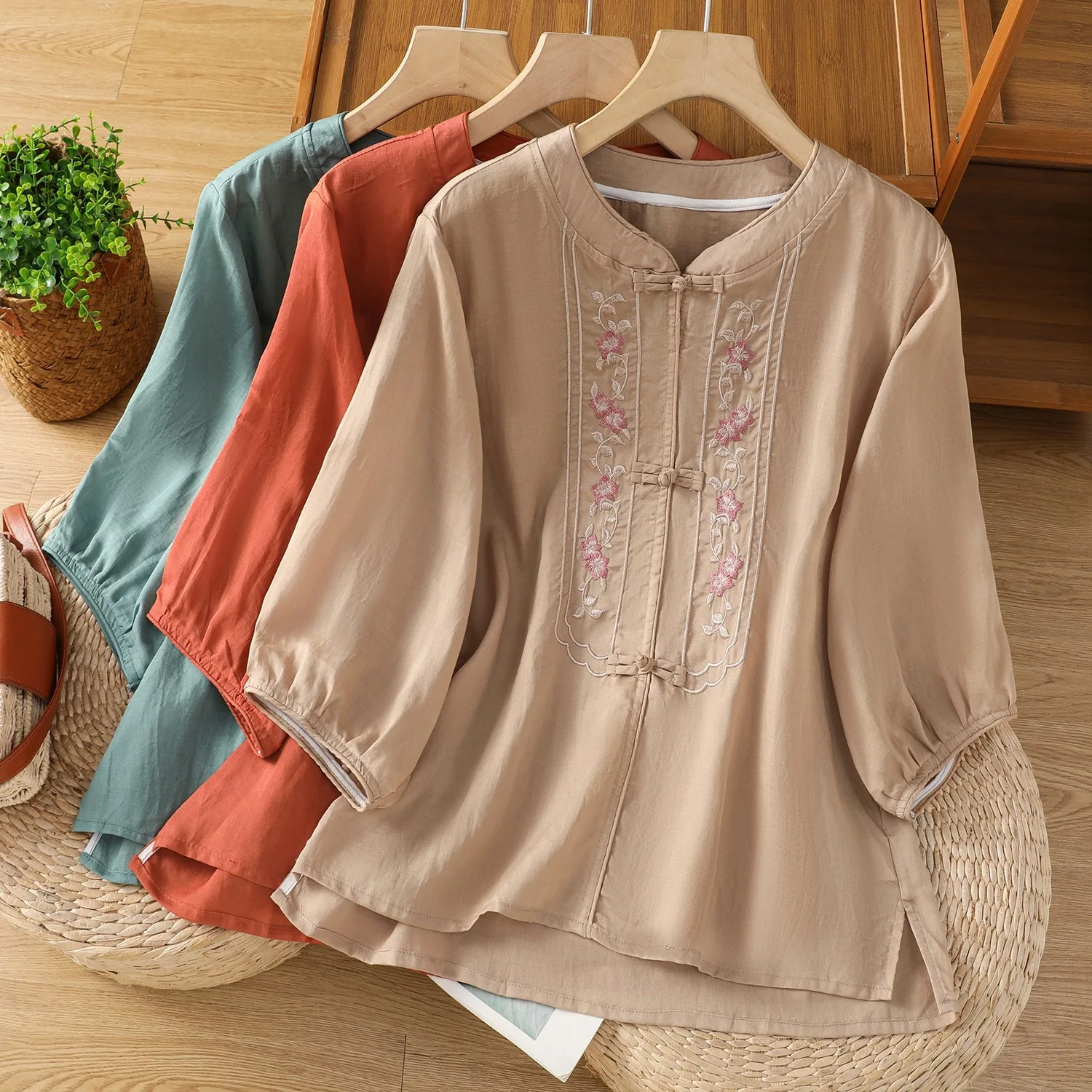 

Yourqipao Summer Chinese Style Cotton Linen Shirt Button Embroidered Fashionable Tops Casual Retro Mid-sleeved Shirt for Women