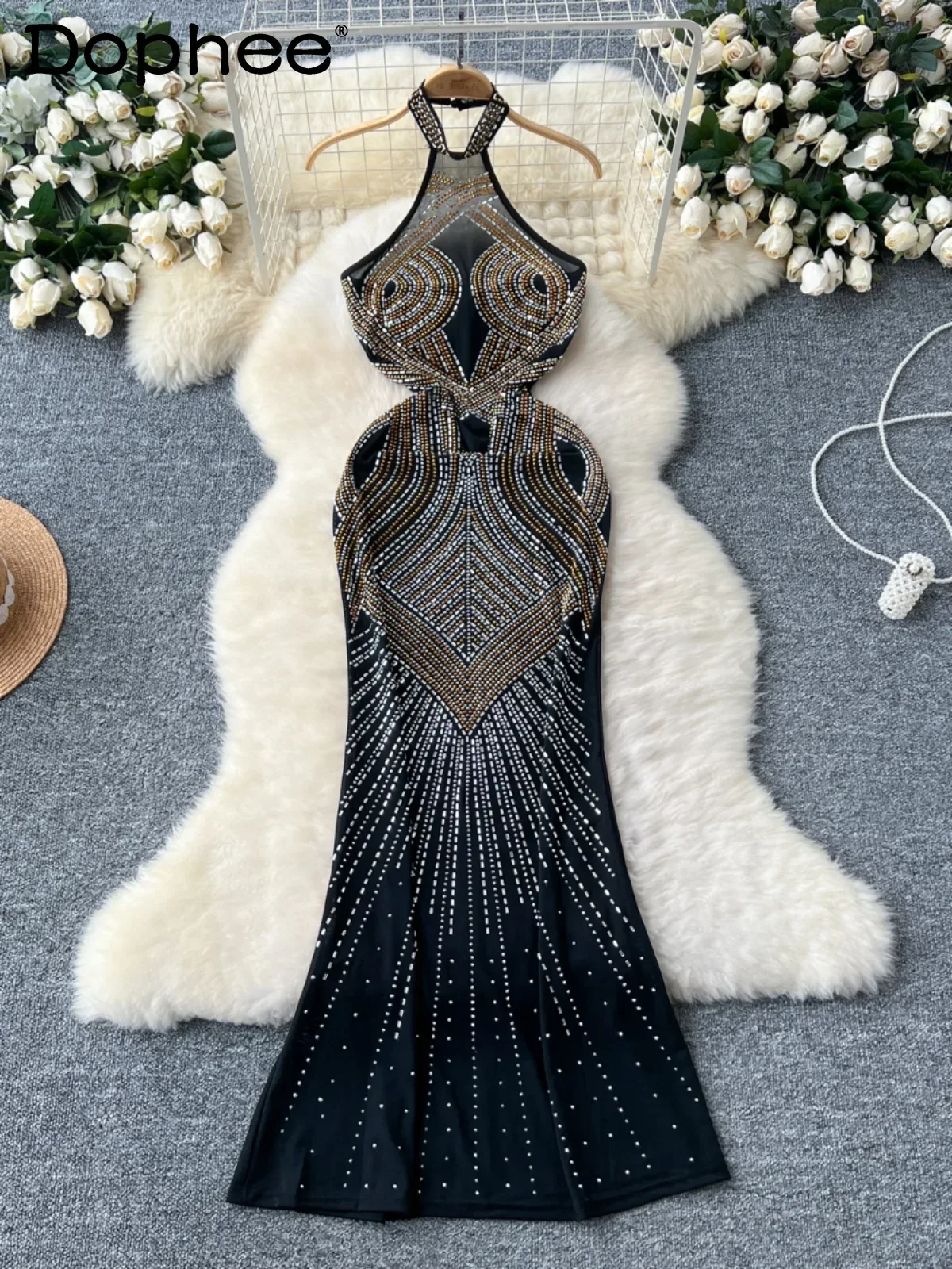 Dinner Dress High-end Sexy Heavy Industry Hot Diamond Sleeveless Neck Slim Thin Mesh Dresses Women Vintage Dress Summer Dress