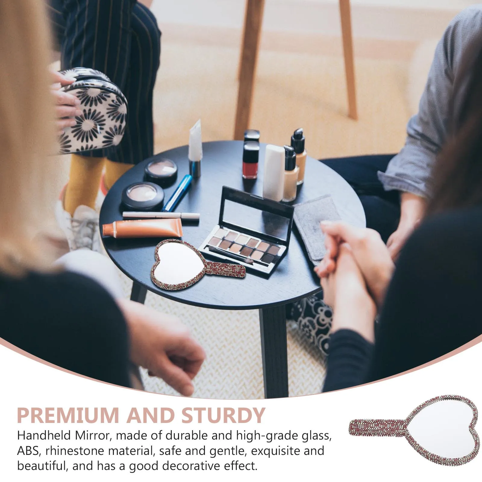 

Portable Rhinestone Heart Shaped Handheld Mirror Durable ABS Makeup Mirror Clear Reflection for Travel Hand Mirrors with Handle