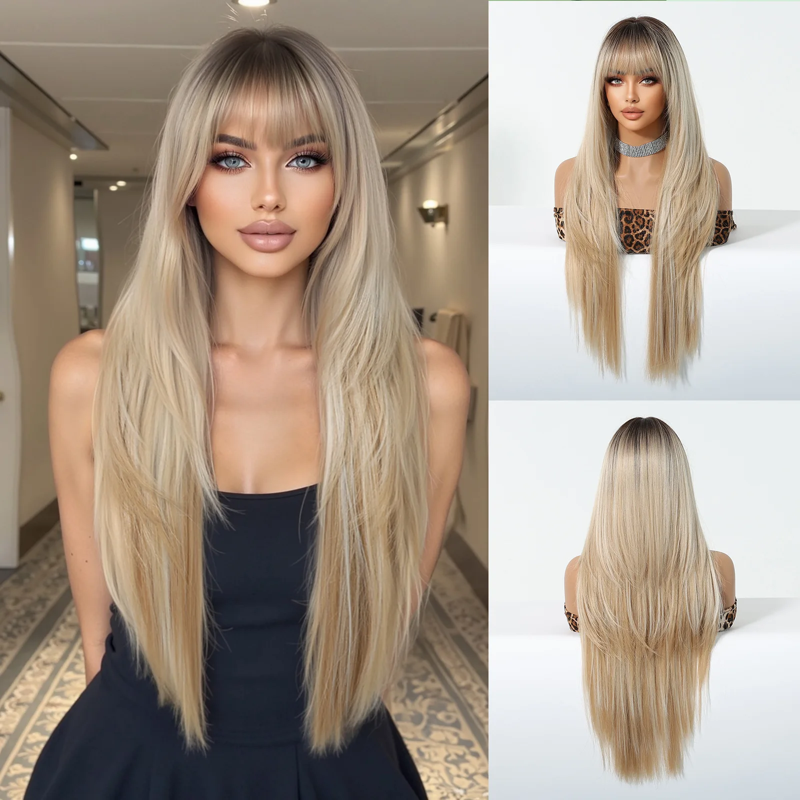 

Long Straight High-temperature Silk Wig with Bangs, Blonde Hair Cosplay Party Natural Wig, Suitable for Women To Use