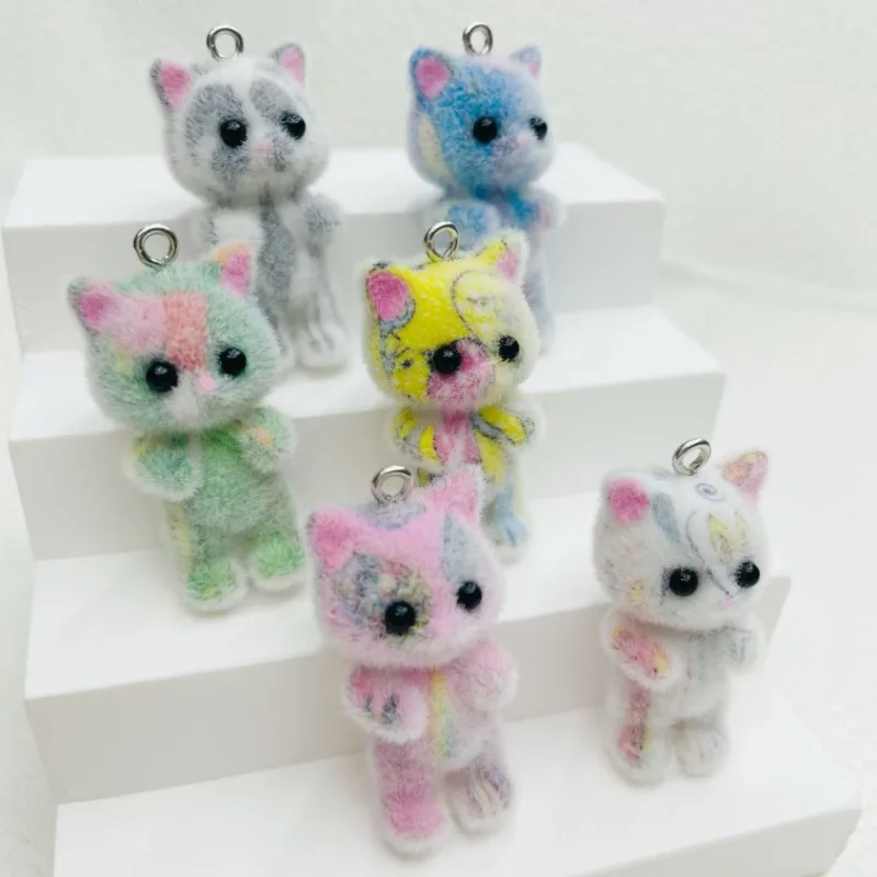 30pcs Cute flocking resin Colorful cats Charms Cartoon animals doll pendant For Bag keychain Handmade DIY Jewelry Accessories