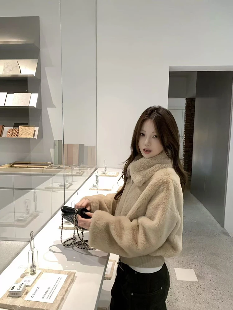 Sztuczne futra jagnięce dla kobiet Y2K zimowe luźne ubrania uliczne grube ciepłe krótkie kurtki koreańskie futrzane klapki uniwersalne futrzane okrycia wierzchnie nowe