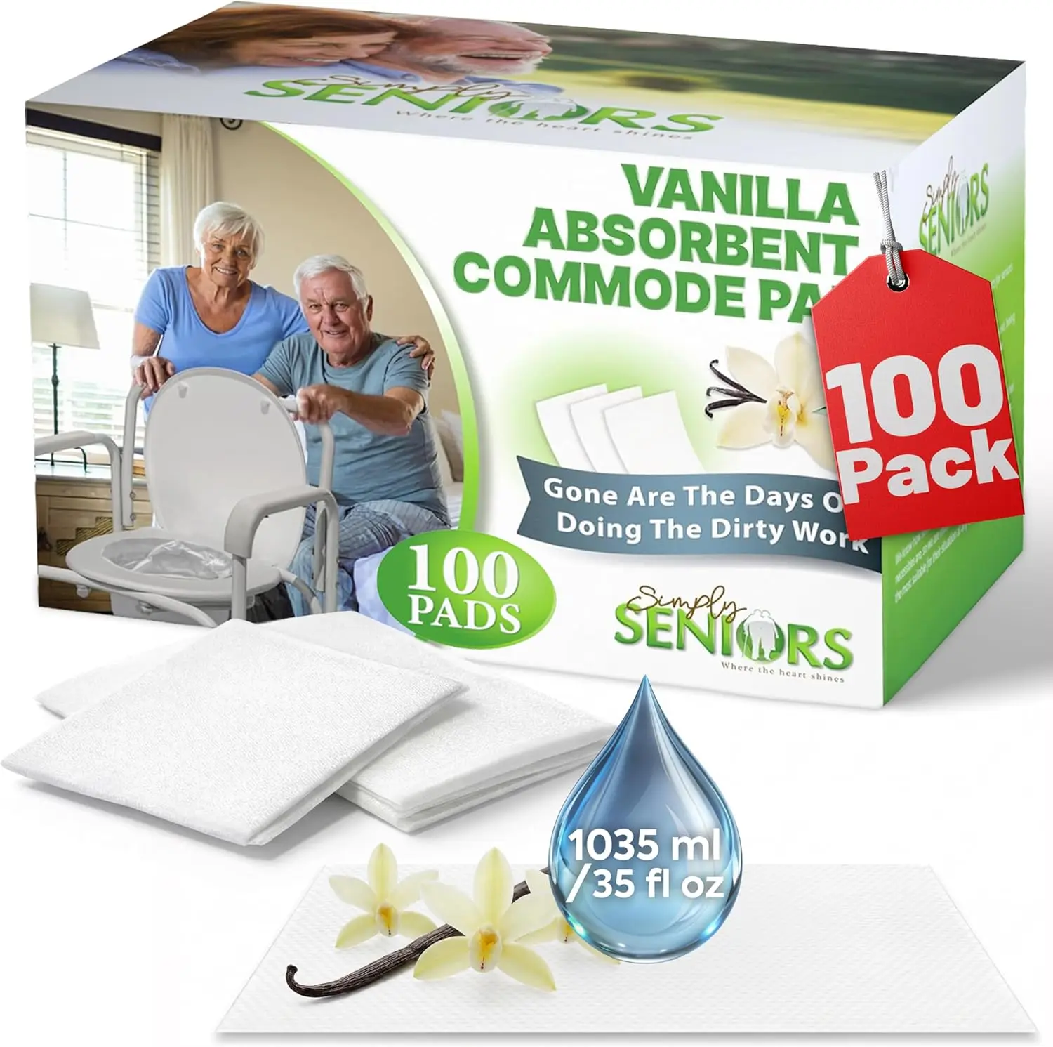 

Commode Absorbent Pads for Bedside Commode Liners - 100 Vanilla Scented Pads for Portable Toilet Bags