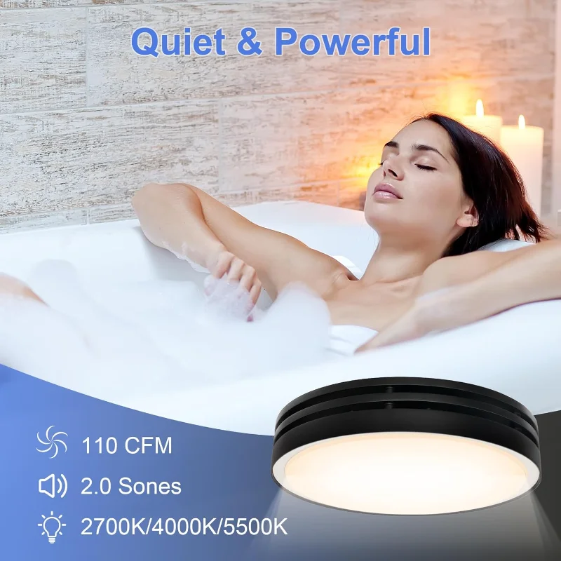 مروحة عادم الحمام Akicon مع ضوء، 110CFM، 2.0 نطاق للسقف، ضوء LED قابل للتعتيم 1000 لومن وإضاءة ليلية 150 لومن مزدوجة اللون