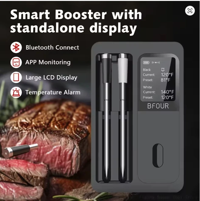 

Wireless Bluetooth Meat Thermometer IP67 Waterproof Probes with LCD Screen Booster Rechargeable for Grilling Smoker BBQ Oven