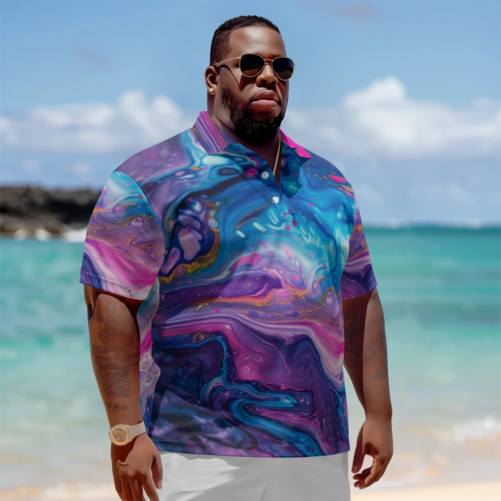 

1 men's plus size polo shirt summer blue purple mixed color printed casual collar button suitable for beach, shopping, golf