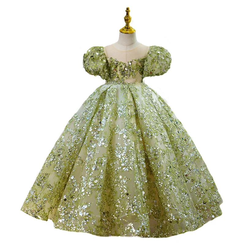 Summer Toddler Baby Girls Sage Green Flower Girl Sequin Dress for Wedding Birthday Party Bow Dress for 1-14-Year-Old Kids