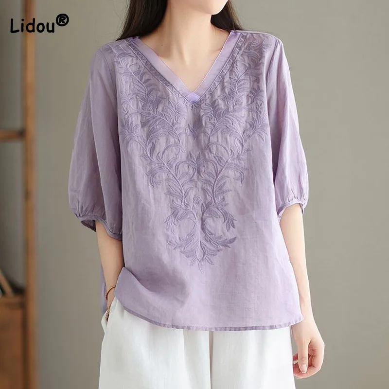 

Women's Solid Color Fashion Casual Embroidery Shirt 2023 New Vintage All-match V-Neck Short Sleeve Blouse Summer Female Clothing