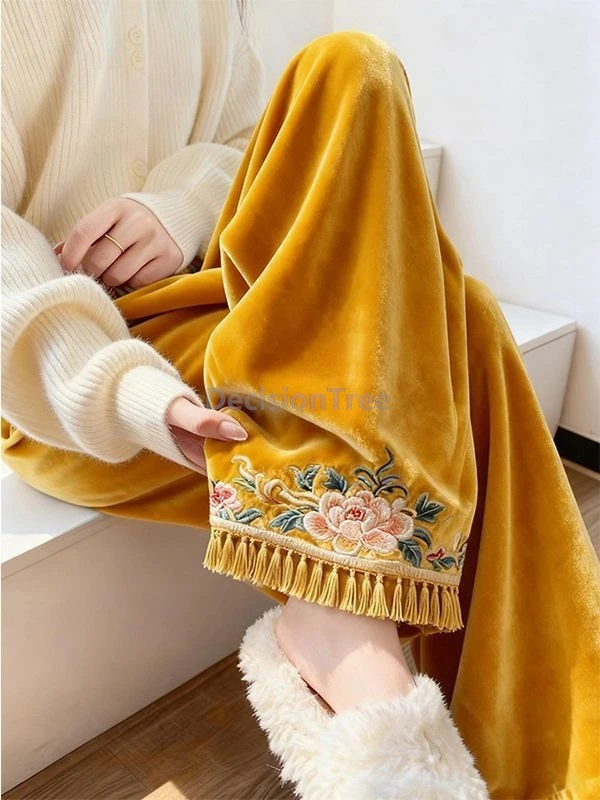 

2025 trendy comfortable chinese leisure pants elegant ethnic style tassel embroideried women's pants winter warm velvet trousers