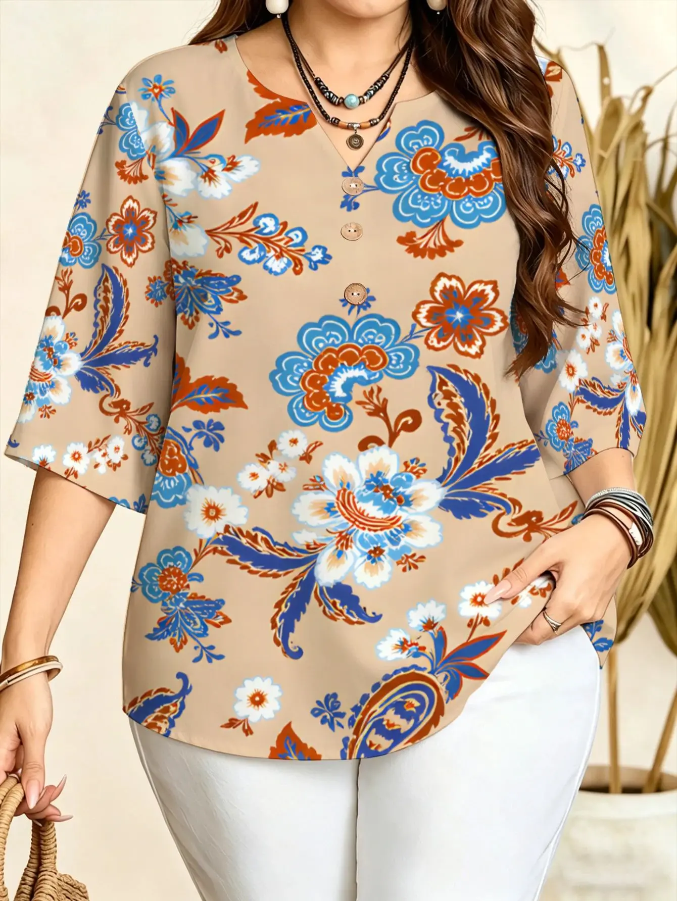 Women Watercolor Floral Paisley Plaid Ethnic Border Print Blouse For Curvy Figures Notched Neck 3/4 Sleeve Loose Boho Tops