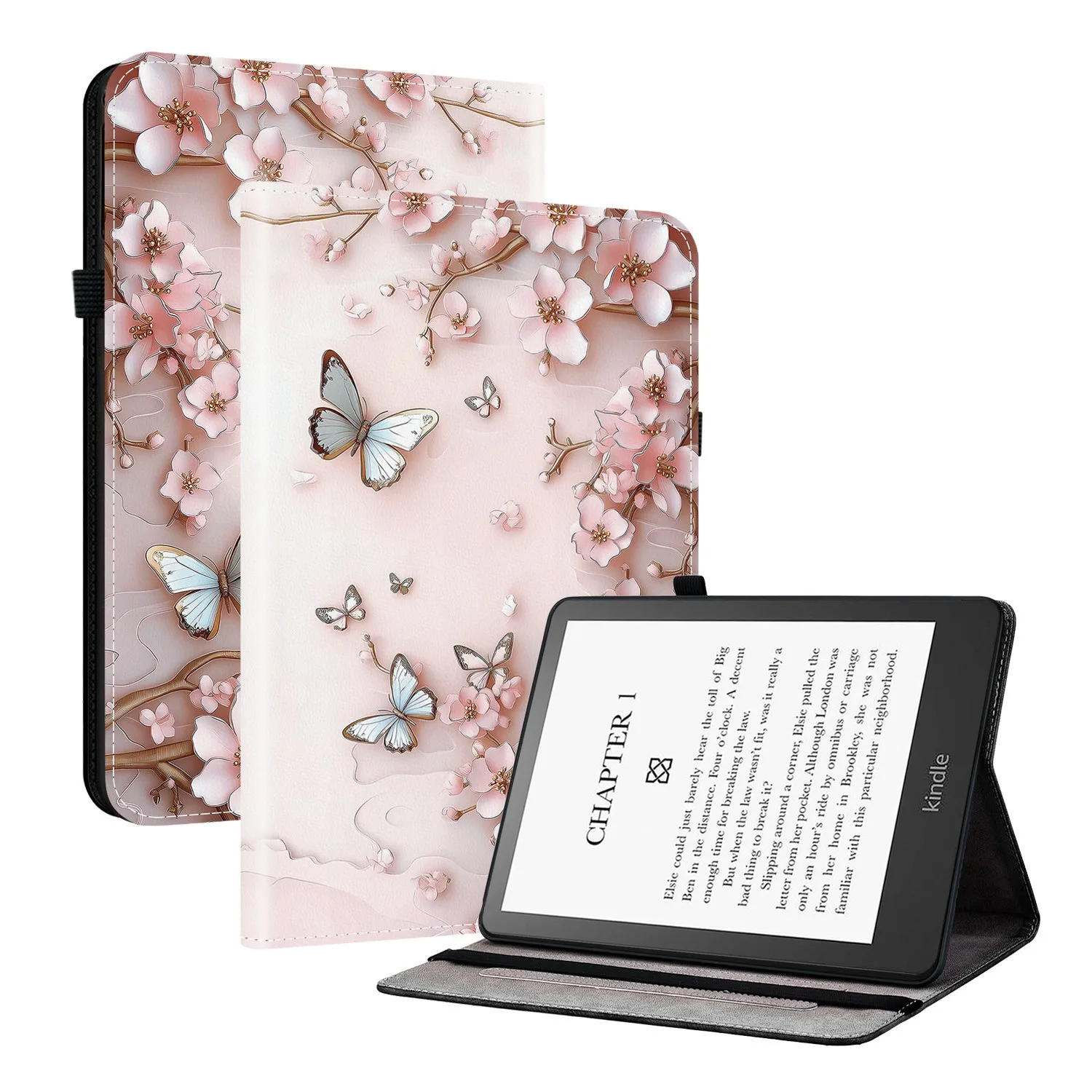 

For Amazon Kindle Paperwhite (2024) Leather Case Pattern Printed Stand Tablet Cover with Card Slots - Pink Butterfly