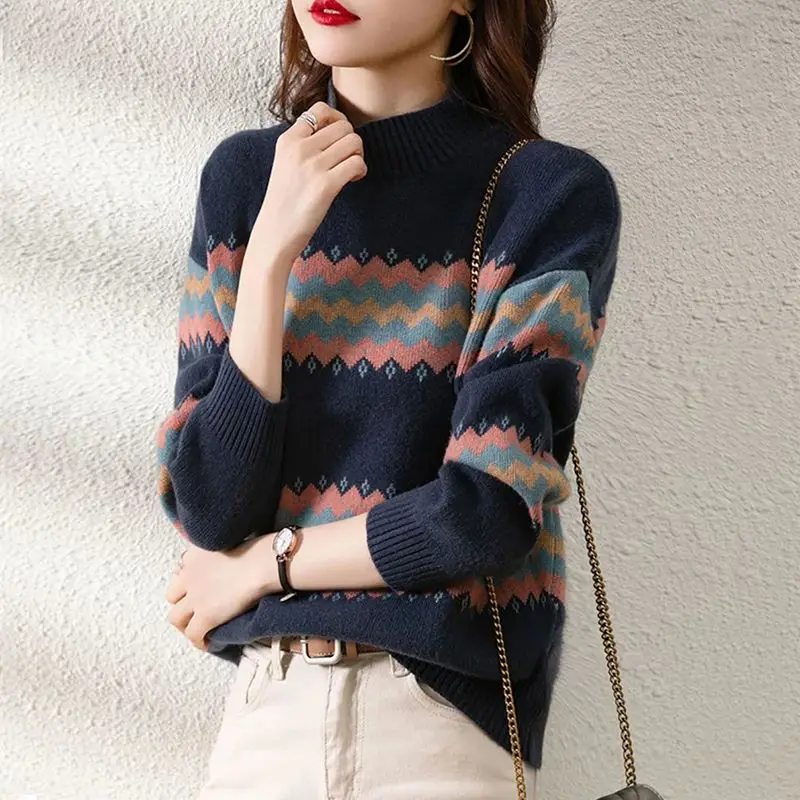 Korean Autumn/Winter Sweaters Women\'s Mock Neck Color Striped Patchwork Fashion Casual Loose Long Sleeve Pullovers Knitted Tops