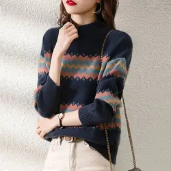 Korean Autumn/Winter Sweaters Women's Mock Neck Color Striped Patchwork Fashion Casual Loose Long Sleeve Pullovers Knitted Tops