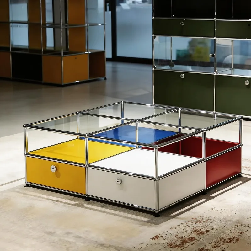 

Glass coffee table Color art living room Square storage module Tea table