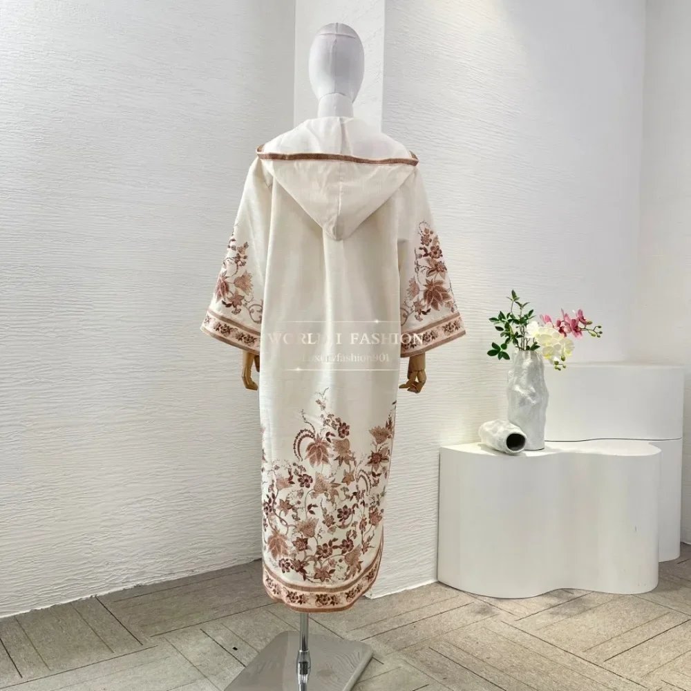 

Cotton High Quality Casual Style Beige Long Sleeve Hooded Peacock Floral Print Women Loose Midi Dress