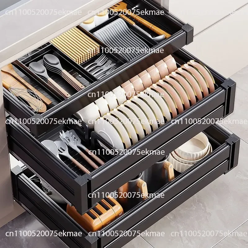 Aluminum Alloy Kitchen Cabinet Basket Dishes Basket Rack Three-layer Drawer Type Large Capacity Split Tool Bowl Basket