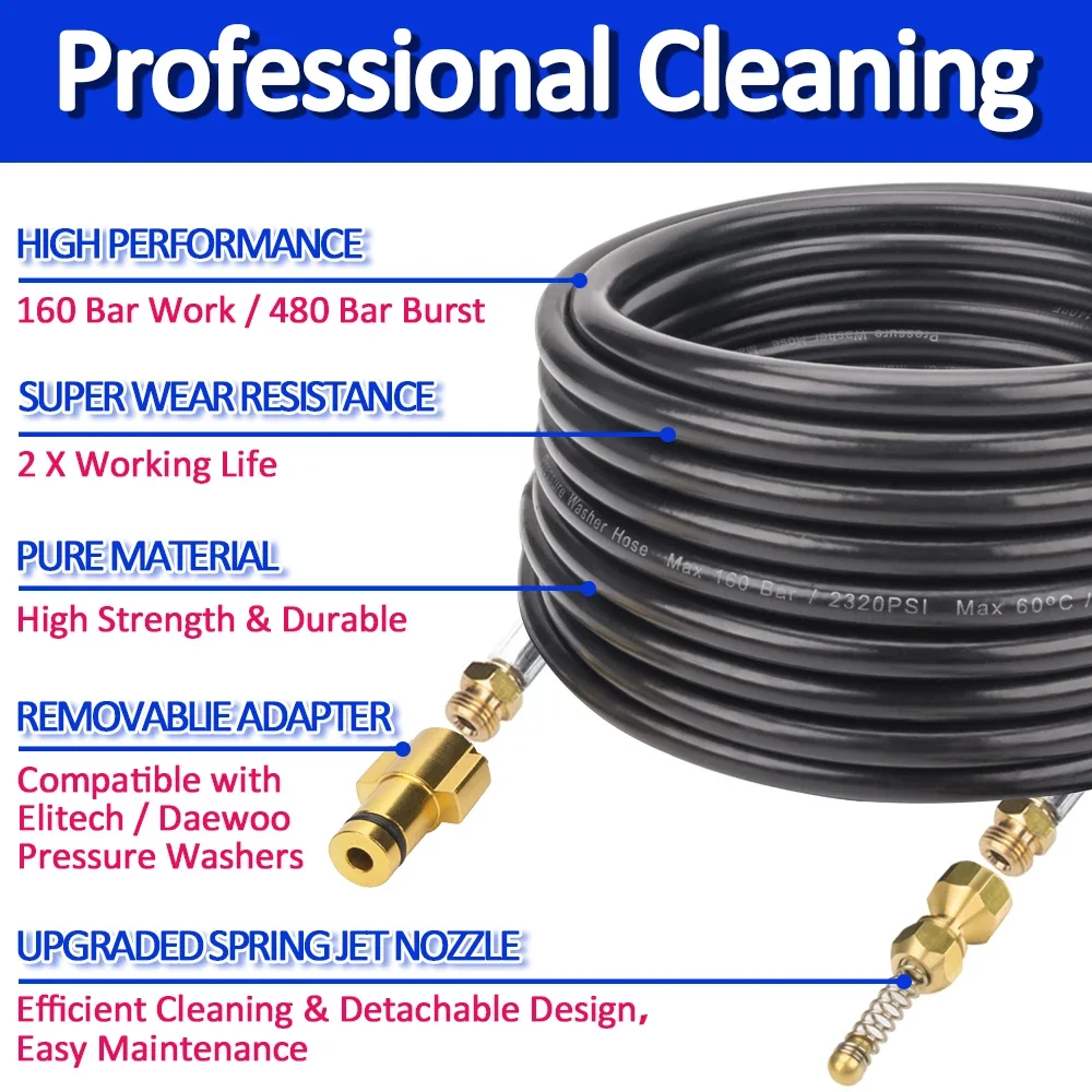 Pressure Washer Sewer Drain Jet Water Cleaning Pipe Pipeline Sewage Dredge Hose for Elitech Bort Daewoo Patriot Sturm Hitachi