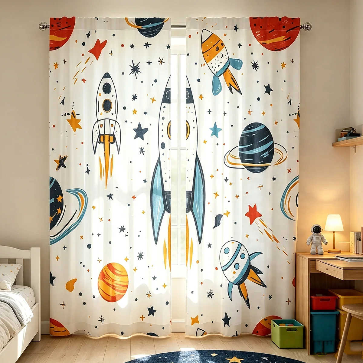 Cute Space Galaxy Curtain for Nursery Room Kids Bedroom Window Decor Cartoon Planets Stars Rocket Print