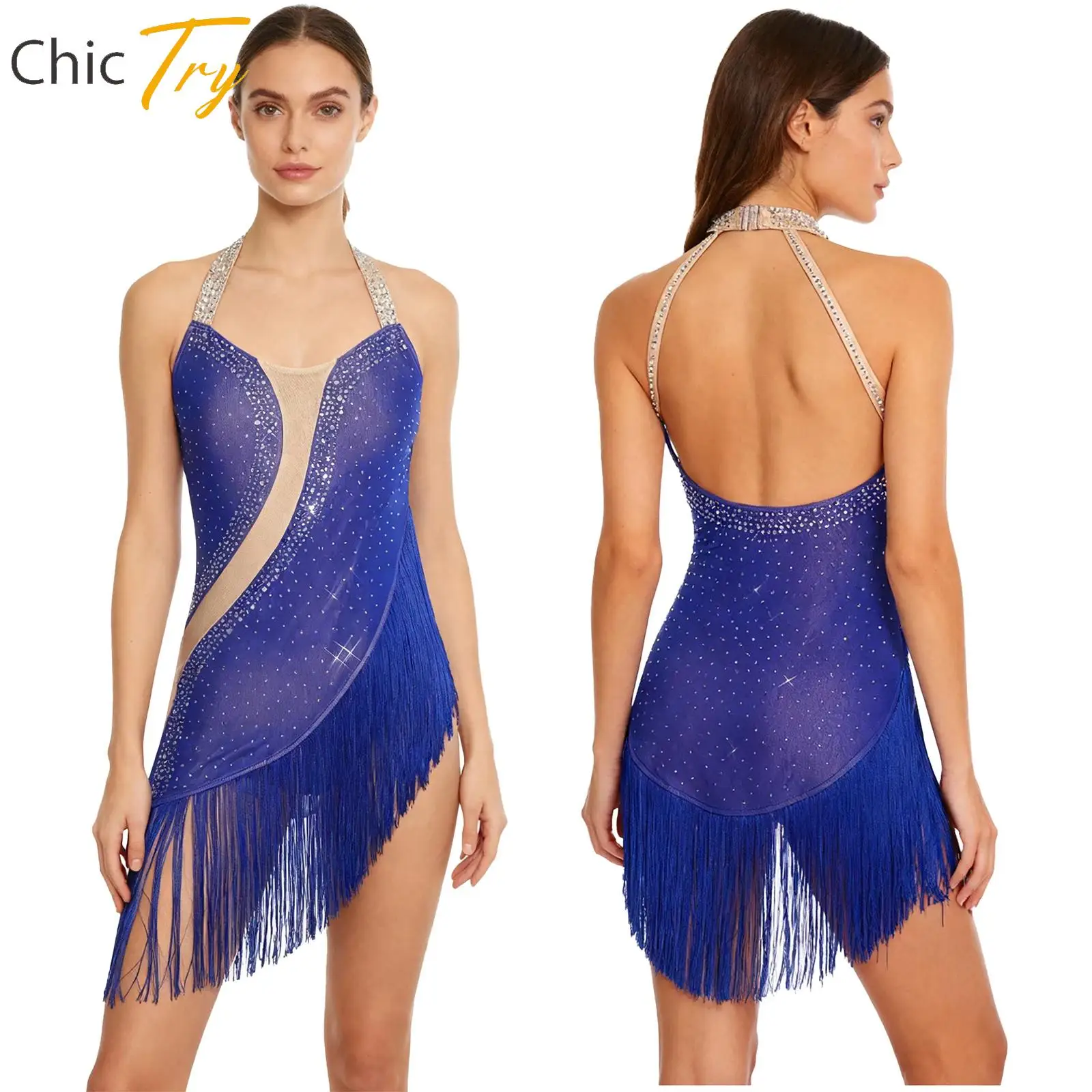 

Women's Rhinestone Tassel Latin Tango Dance Bodysuit Halter Backless Leotard Jumpsuit for Cha-cha Samba Rumba Dance Performance
