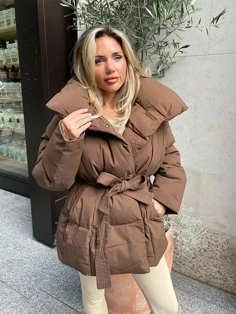 Women Solid Fashion Lapel Tie-up Cotton Coat Long Sleeved Waist Cinched Warm Loose Jacket Lady Casual Commute Winter Outwear 23 S87bab24035ef47c2b9538944fd27d3efn