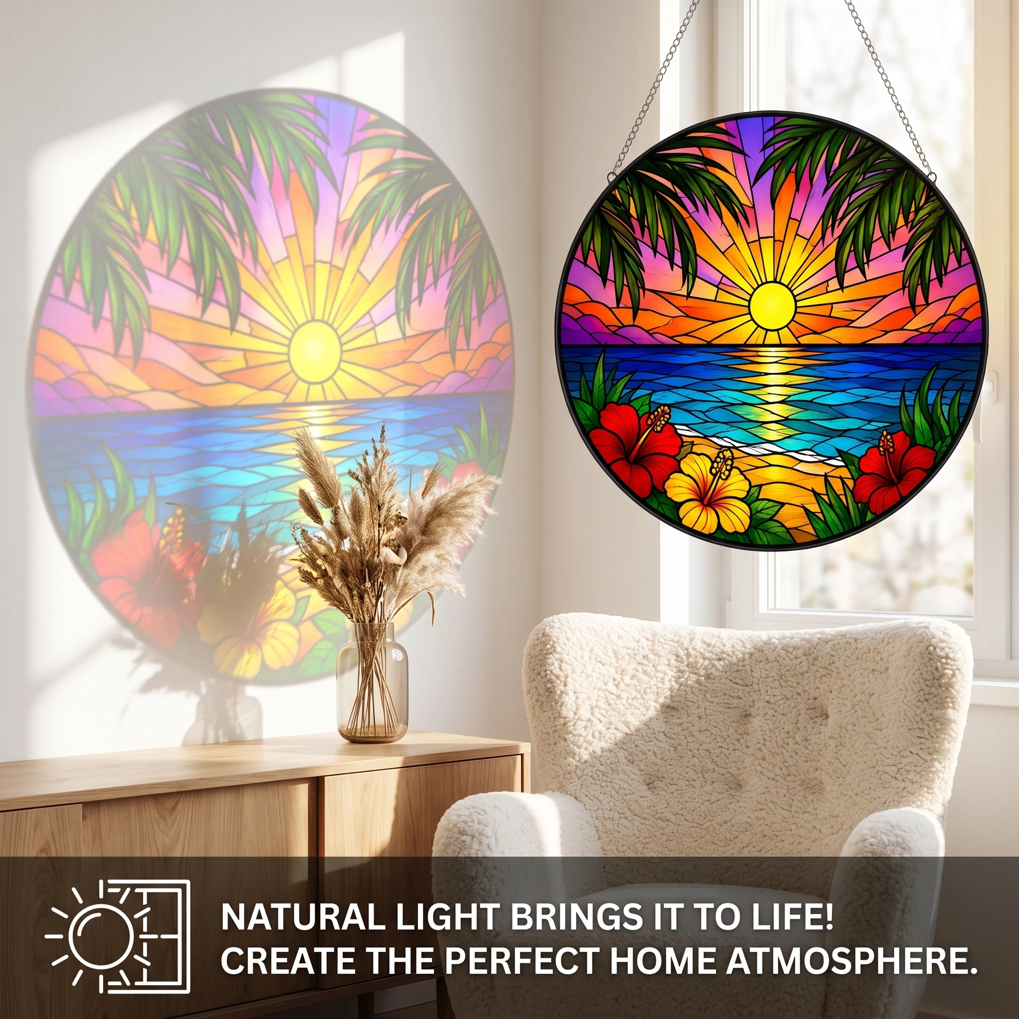 Stained Glass Suncatcher Round Tropical Sunset Beach Palm Tree Hibiscus Flower Window Hanging Decor Home Garden Gift