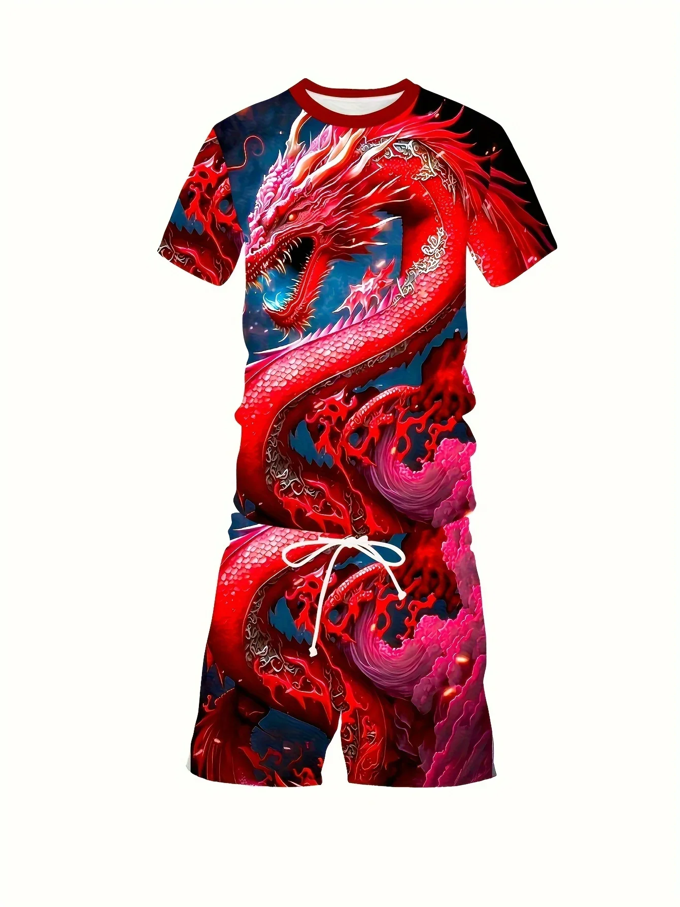 Conjunto de camiseta y pantalones cortos con estampado gráfico de dragón 3D para hombre para deportes al aire libre de verano, trajes de moda de 2 piezas