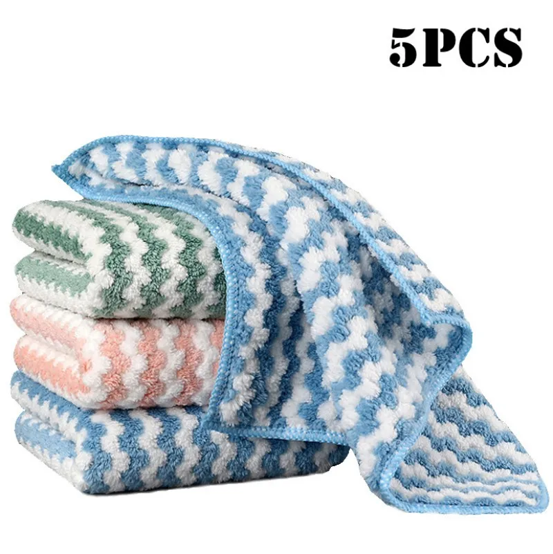 Microfiber Thick Kitchen Towel Dishcloth Household Kitchen Rags Gadget 5PcsNon-stick Oil Table Cleaning Wipe Cloth Scouring Pad