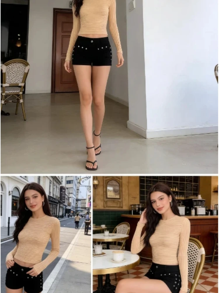 Women's Black Denim Shorts High Waisted Rhinestone Embellished Multi-row Detail Fashion Streetwear Slim Fit Party Hot Pants