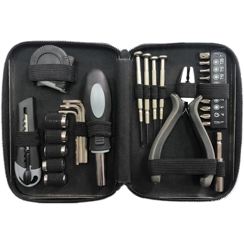 Home Repair for Tool Kit 27 pcs Carbon Steel with 16x11.5x3cm Metal Box Includes Utility Cutter Tape Measure and Handle