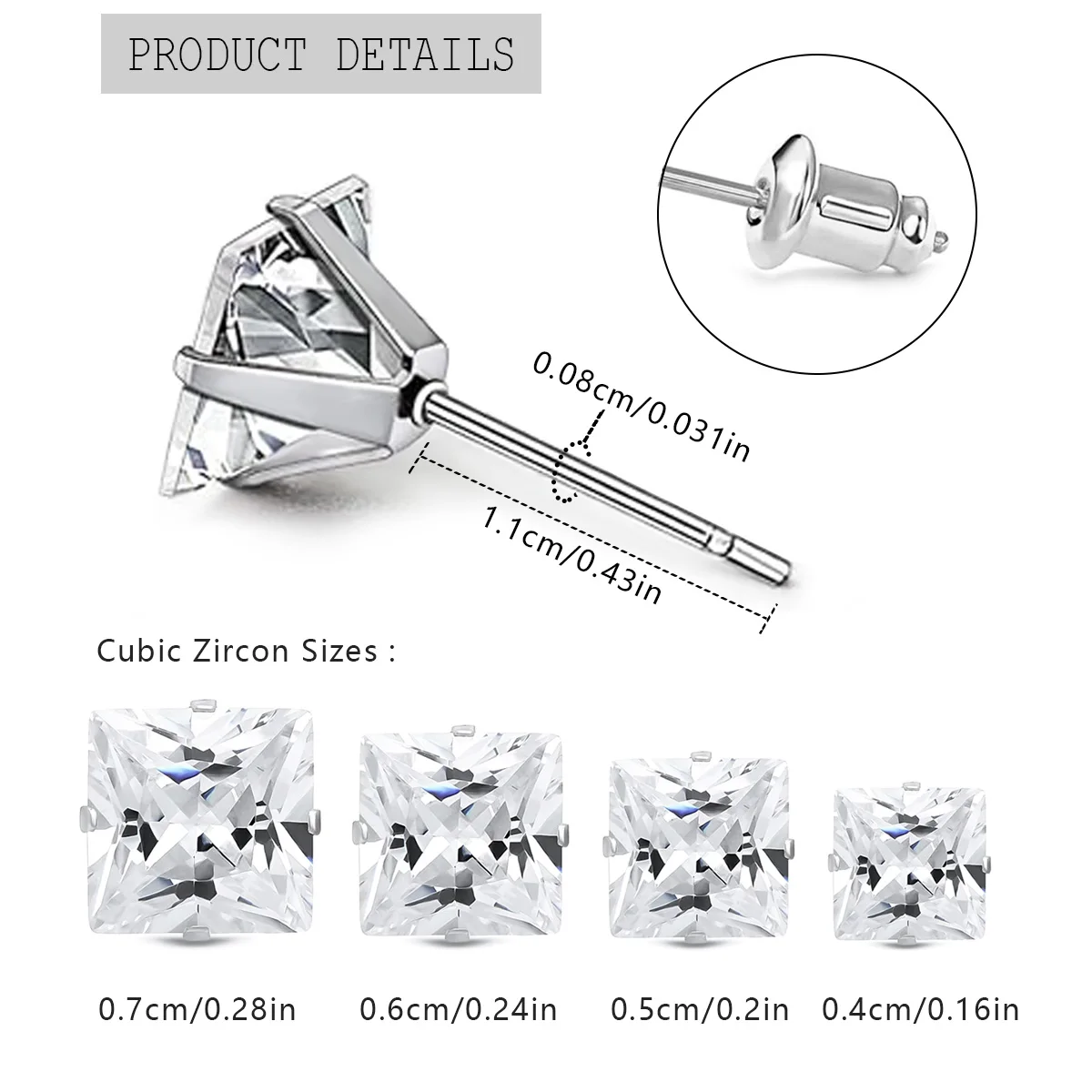 Stylish 4 Claw Square Cubic Zirconia Stud Earrings, Unisex